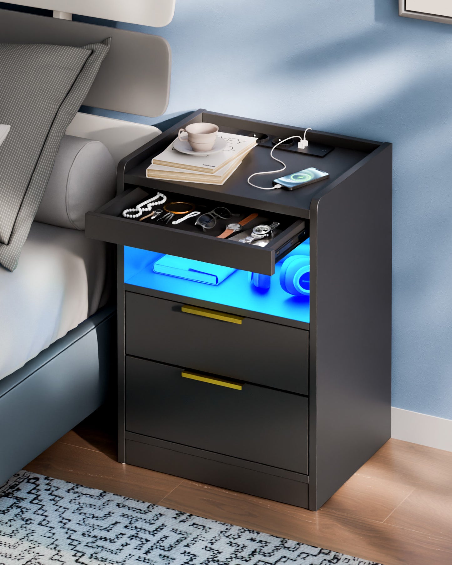 Mondeer LED Bedside Table with Hidden Drawer, Bedside Cabinet with Charging Station and 3 Drawers, Nightstand with Storage for Bedroom Living Room Office, 60 x 37 x 35 cm (Black)