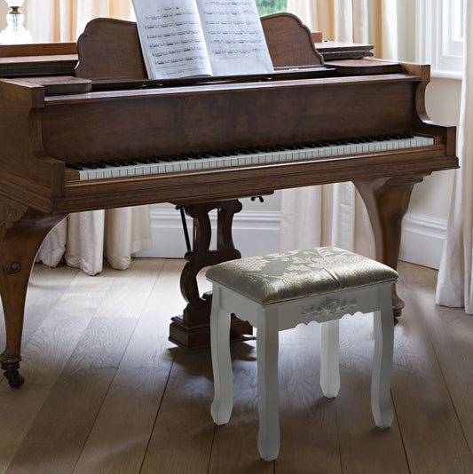 Dressing Table Stool, White Color, Padded Baroque Printing