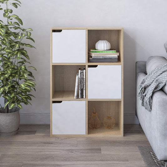 Bookcase, White and Wood, Six Compartments with Three Doors