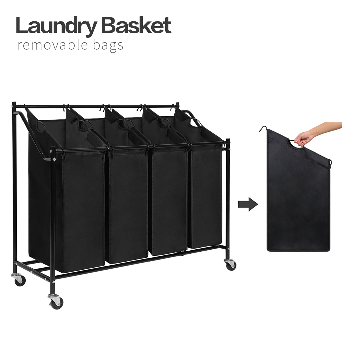 Laundry Bin in Black Color, Metal Pipe, 4 Laundry Sorters