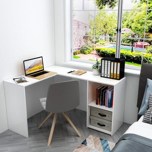 L-shaped Computer Desk, White/Black Color, 2 Storage Compartments