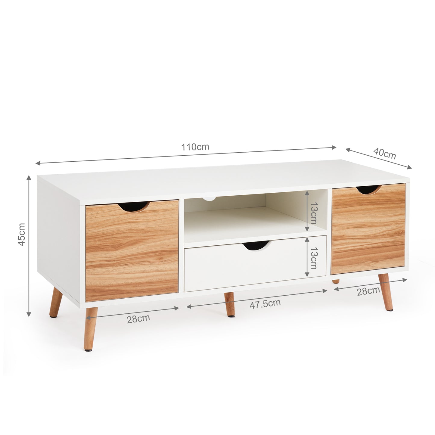 TV Cabinet, White and Oak, with 2 Shelves, 1 Drawer, 1 Shelf