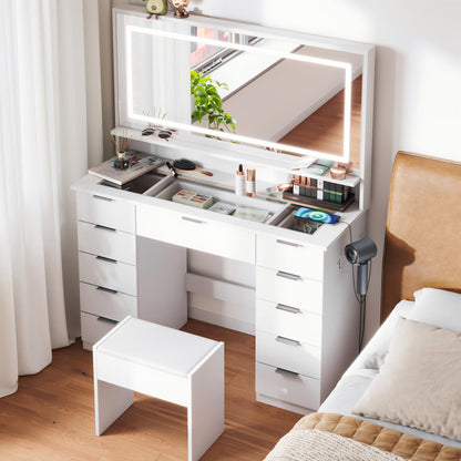 Mondeer Dressing Table with Mirror and Stool, Glass Top Vanity Table with 11 Drawers and Open Storage Shelf, LED Adjustable Brightness, Power Outlet, 140 x 108 x 38 cm