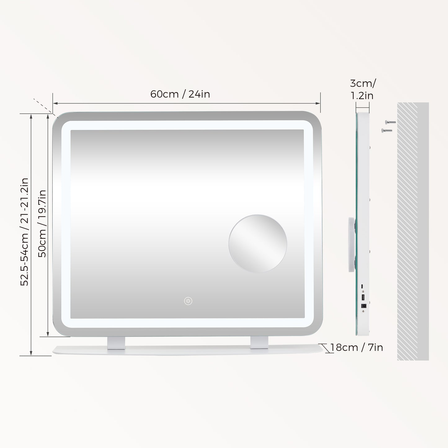 Mondeer Hollywood Vanity Mirror with Lights, 60x50cm Large Makeup Mirror, 3 Color Lighting Modes, Type C and USB Output Port, Tabletop and Wall Mounted Makeup Mirror for Bedroom