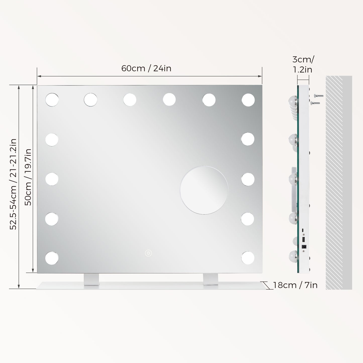 Mondeer Hollywood Vanity Mirror with Lights, 60x50cm Large Makeup Mirror with 14 Dimmable Led Bulbs, 3 Color Modes, Type C and USB Output Port, Tabletop and Wall Mounted Makeup Mirror for Bedroom