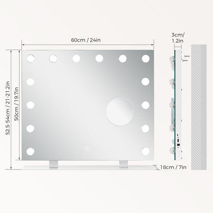Mondeer Hollywood Vanity Mirror with Lights, 60x50cm Large Makeup Mirror with 14 Dimmable Led Bulbs, 3 Color Modes, Type C and USB Output Port, Tabletop and Wall Mounted Makeup Mirror for Bedroom