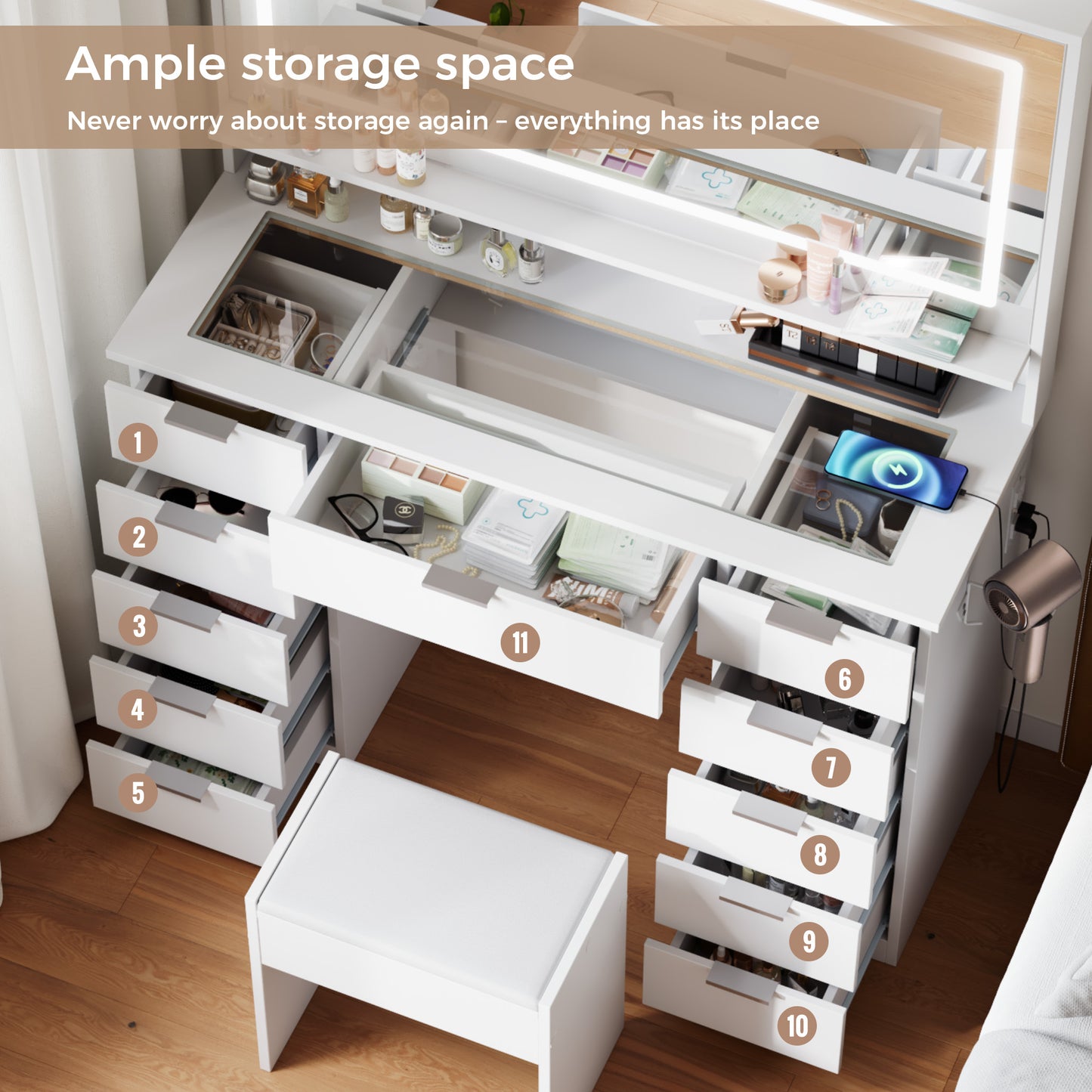 Mondeer Dressing Table with Mirror and Stool, Glass Top Vanity Table with 11 Drawers and Open Storage Shelf, LED Adjustable Brightness, Power Outlet, 140 x 108 x 38 cm
