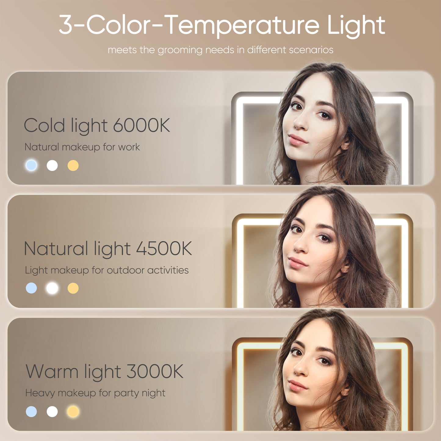 Mondeer Hollywood Vanity Mirror with Lights, 60x50cm Large Makeup Mirror, 3 Color Lighting Modes, Type C and USB Output Port, Tabletop and Wall Mounted Makeup Mirror for Bedroom