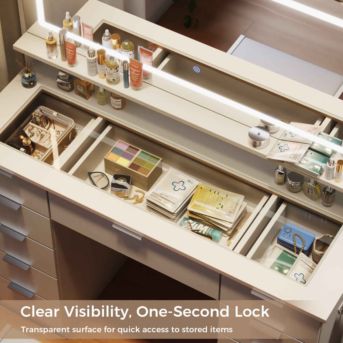 Mondeer Dressing Table with Mirror and Stool, Glass Top Vanity Table with 11 Drawers and Open Storage Shelf, LED Adjustable Brightness, Power Outlet, 140 x 108 x 38 cm