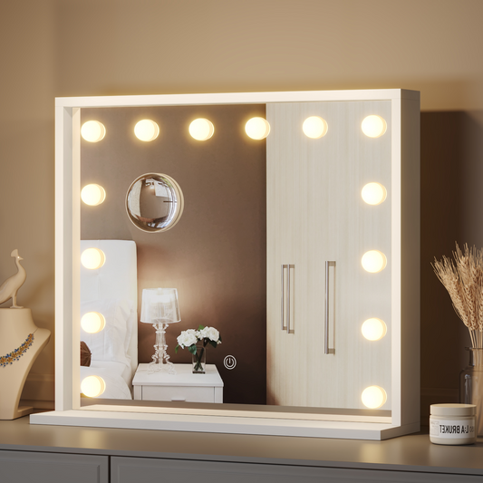 Mondeer Hollywood Vanity Mirror with Lights, 60x50cm Large Illuminated Makeup Mirror with 14 Dimmable Led Bulbs, 3 Color Lighting Modes, Touch Screen Control, Dressing Table Mirror for Bedroom