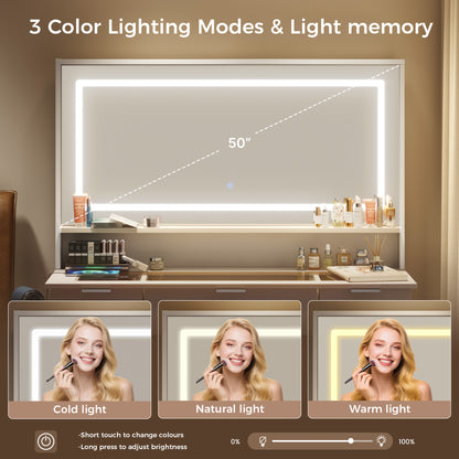 Mondeer Dressing Table with Mirror and Stool, Glass Top Vanity Table with 11 Drawers and Open Storage Shelf, LED Adjustable Brightness, Power Outlet, 140 x 108 x 38 cm