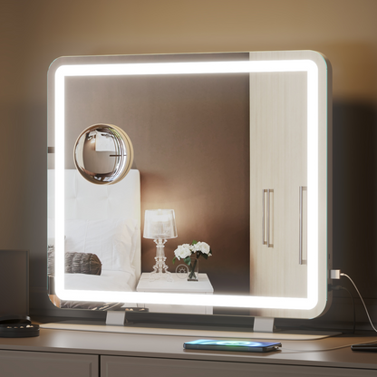 Mondeer Hollywood Vanity Mirror with Lights, 60x50cm Large Makeup Mirror, 3 Color Lighting Modes, Type C and USB Output Port, Tabletop and Wall Mounted Makeup Mirror for Bedroom