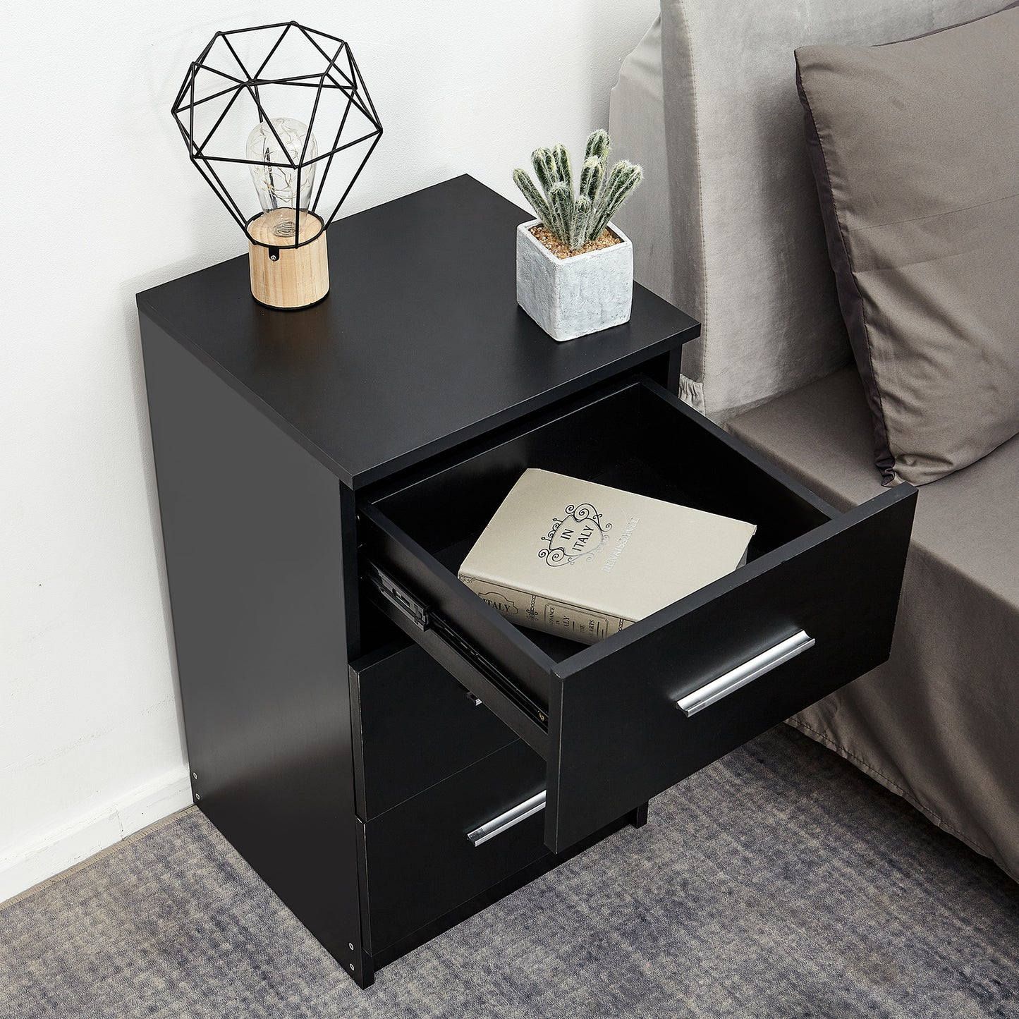Bedside Cabinet, White/ Black Color, Matte Coating, 3 Drawers
