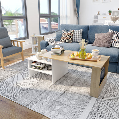 Wood Modern Coffee Table, White and Oak Color, Extendable Adjustable Direction