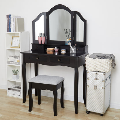 Classic Dressing Table, Black/White Color, Providing a Large Mirror, Drawers and Printed Stool