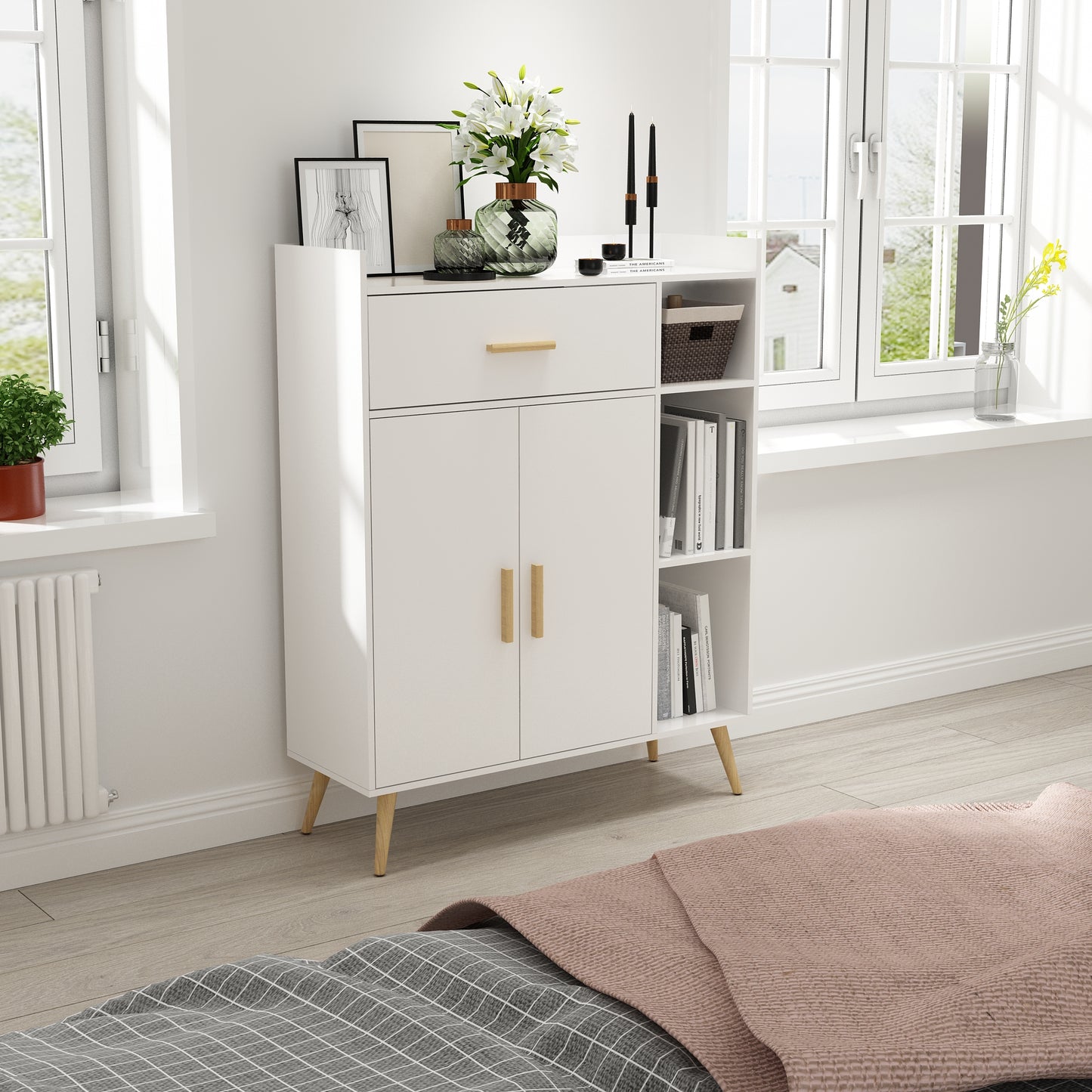 Modern Storage Cabinet, White Color, 2 Doors and Single Drawer