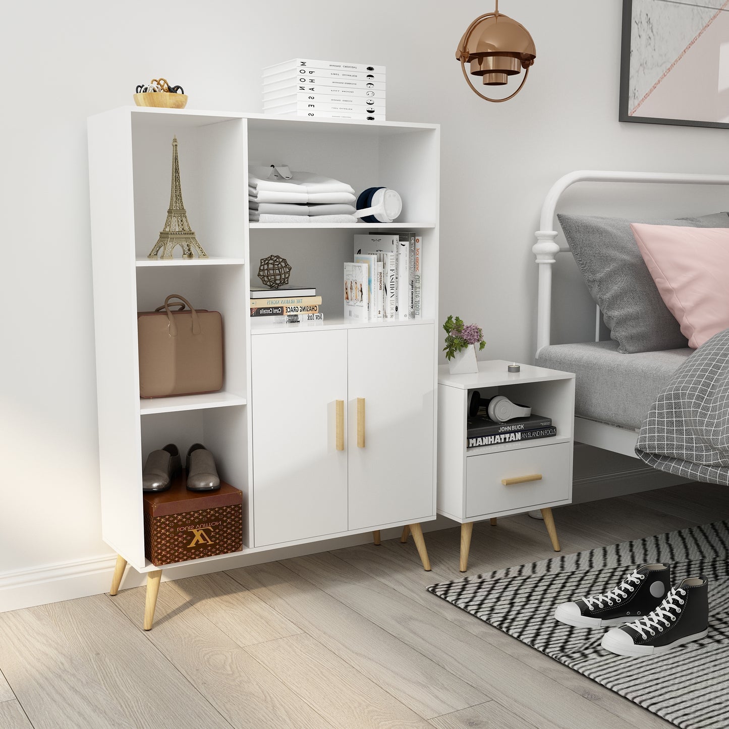 Modern Storage Cabinet, White Color, Single Storage Unit and Drawer