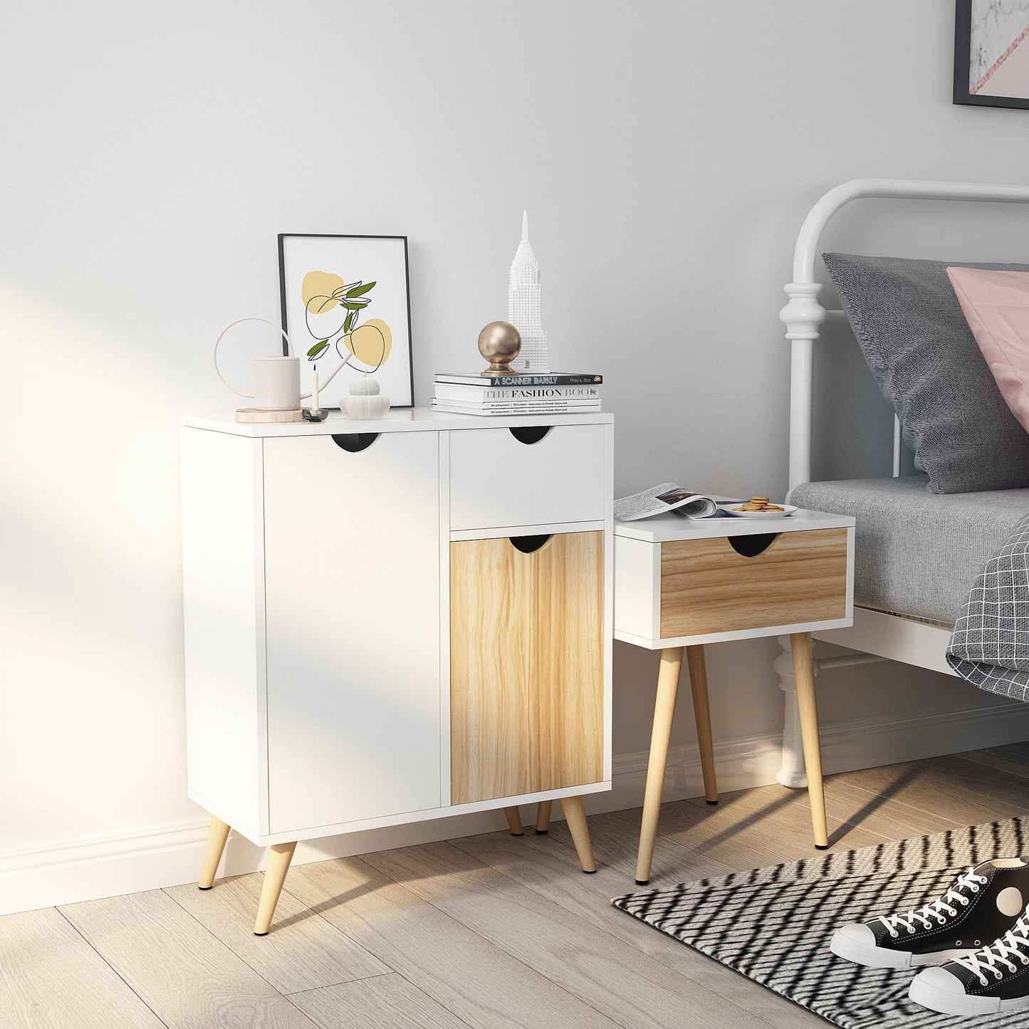Modern Storage Cabinet, White and Oak Color Matching, Single Drawer
