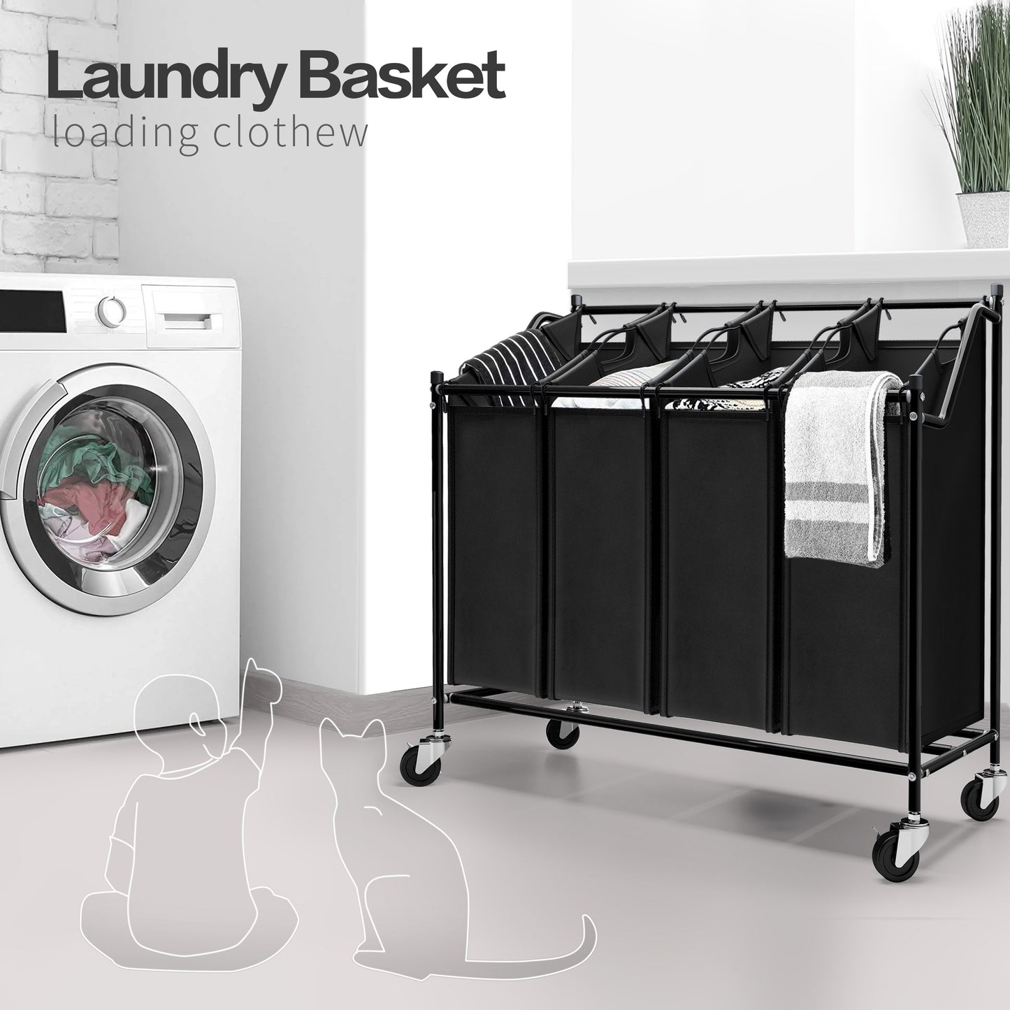 Laundry Bin in Black Color, Metal Pipe, 4 Laundry Sorters