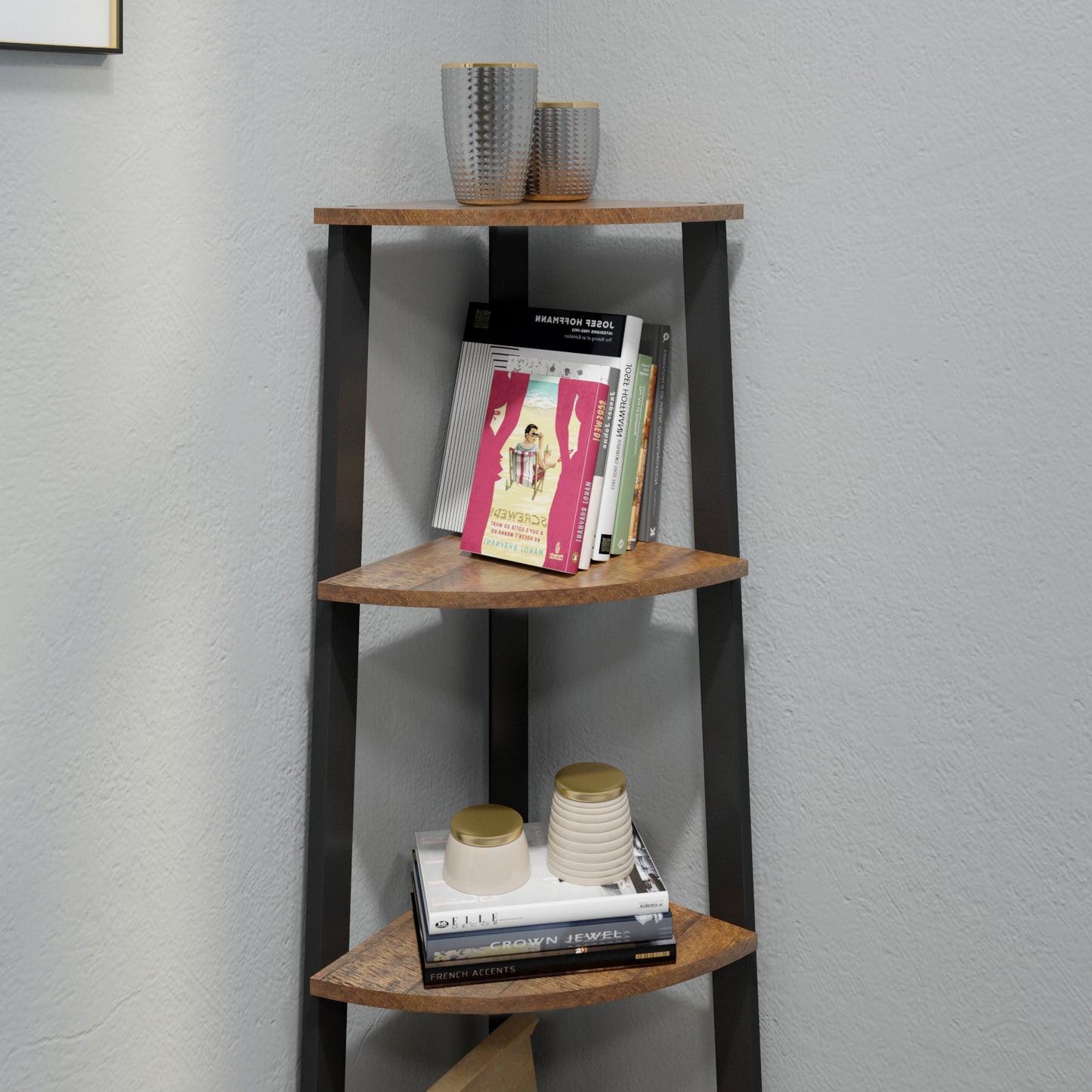 Corner Ladder Shelf, Antique Wood Grain Color, Four-layer Open Design