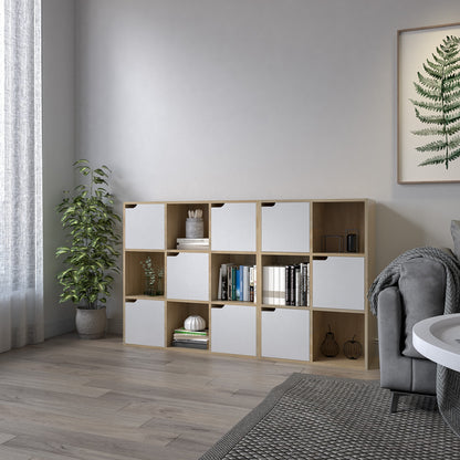 Bookcase,  White and Wood, Six Compartments with Three Doors