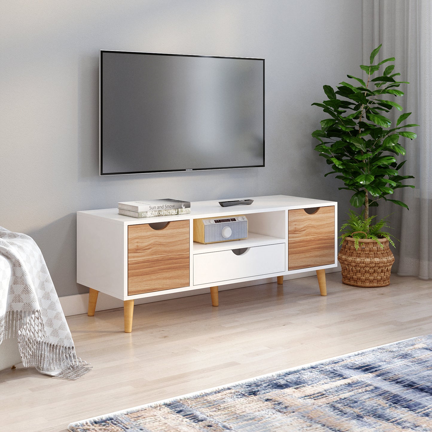 TV Cabinet, White and Oak, with 2 Shelves, 1 Drawer, 1 Shelf