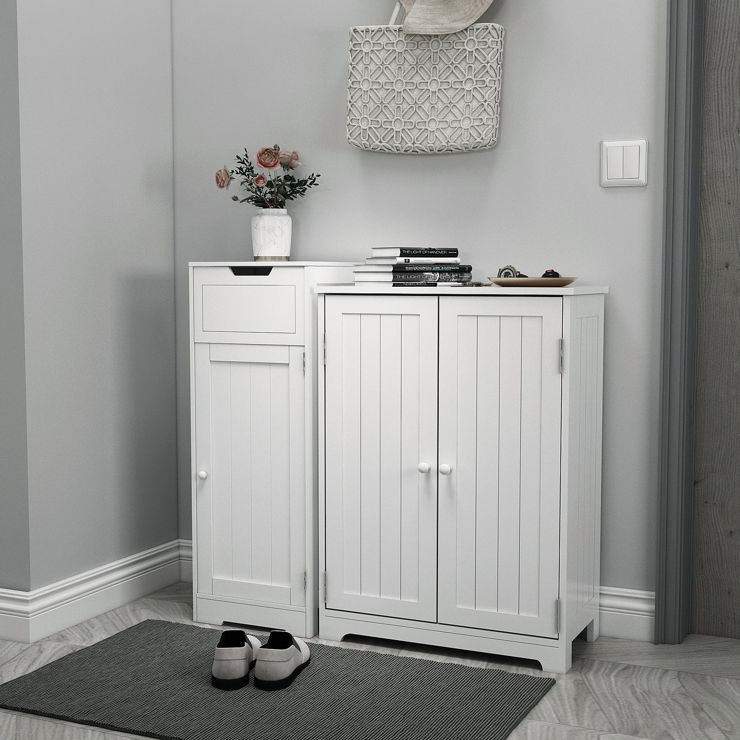 Simple Bathroom Cabinet, White Color, Single Raw, Drawer, and Door
