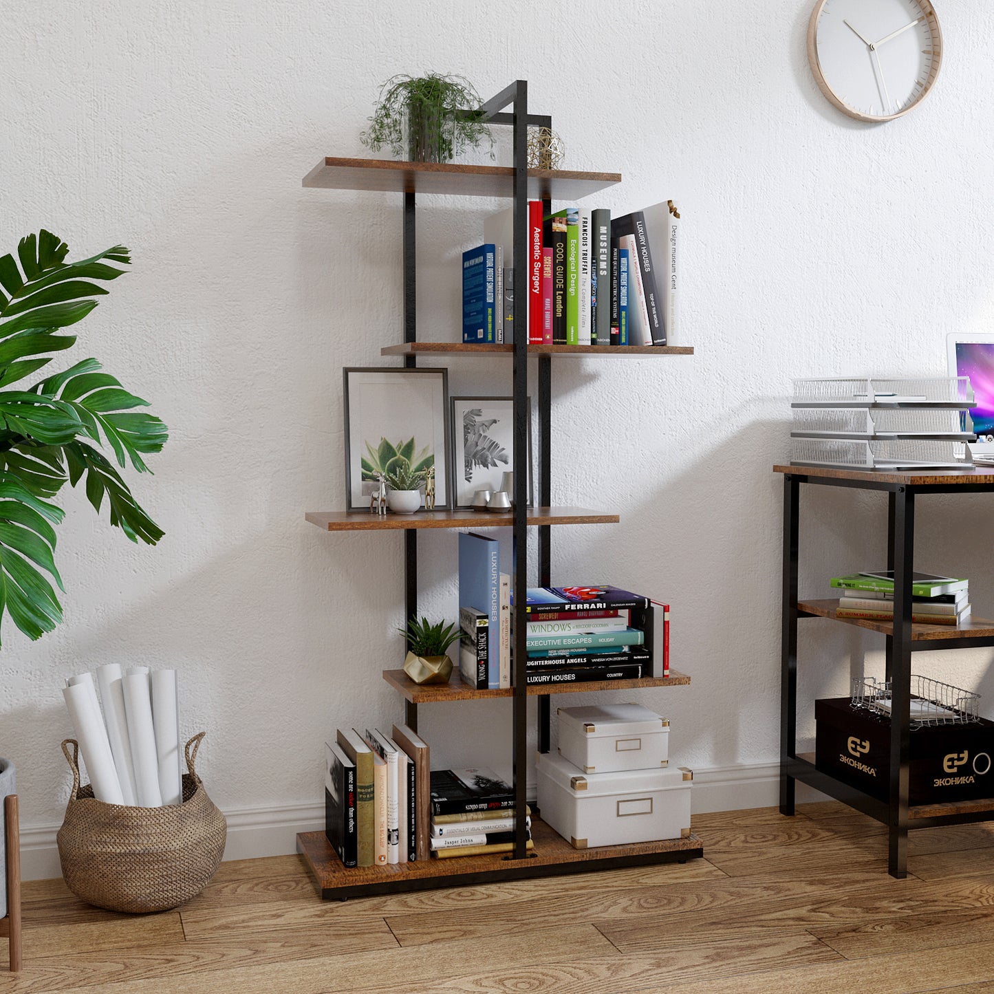 Bookcase, Brown, 5 Tier Asymmetric Split Level Storage Shelf