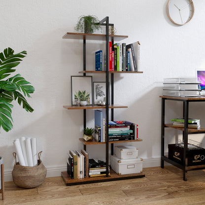 Bookcase, Brown, 5 Tier Asymmetric Split Level Storage Shelf