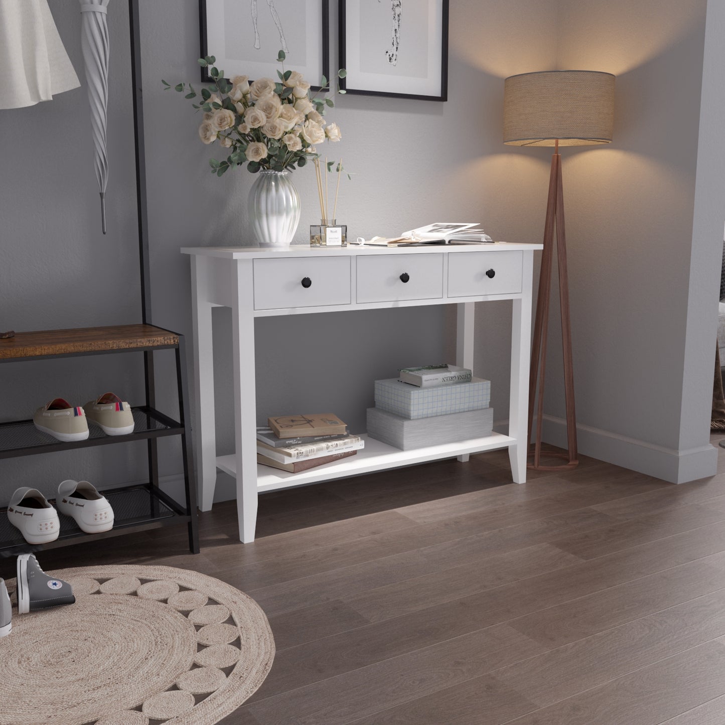 Minimalist Style Console Table,White Wooden Color, with 2/ 3 Drawers