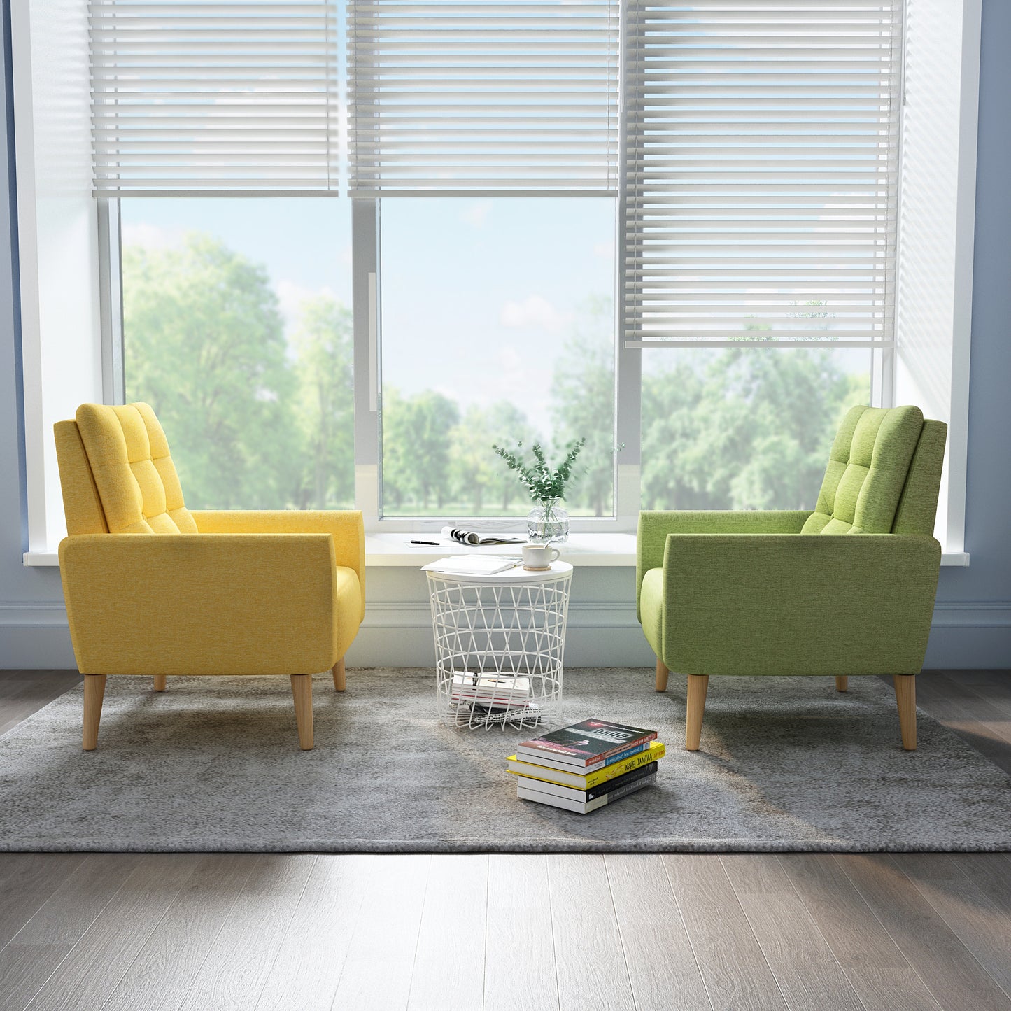 Style Armchair, Grass Green/Lemon Yellow Color, Solid Wood Legs