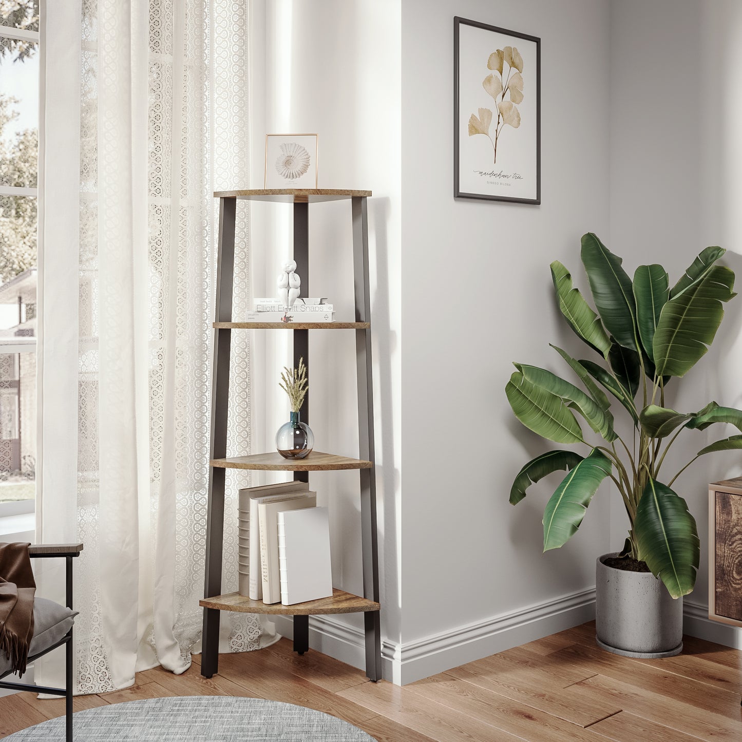 Corner Ladder Shelf, Antique Wood Grain Color, Four-layer Open Design