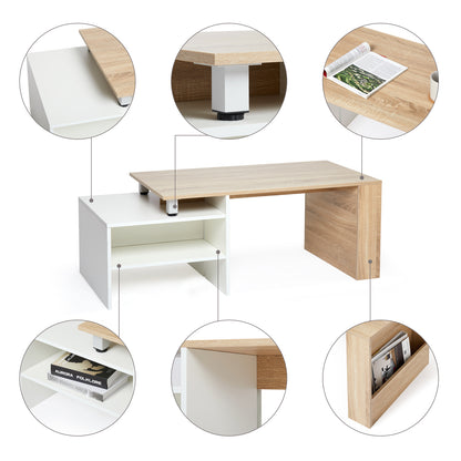 Wood Modern Coffee Table, White and Oak Color, Extendable Adjustable Direction