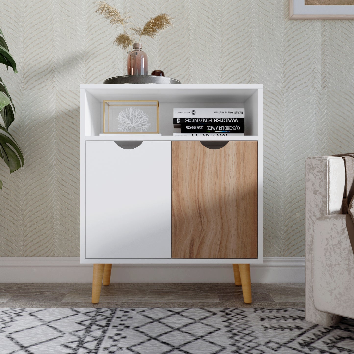 Storage Cabinet, White and Oak, with 2 Doors, Solid Wood Legs
