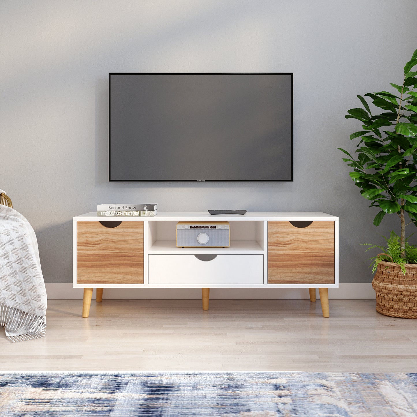 TV Cabinet, White and Oak, with 2 Shelves, 1 Drawer, 1 Shelf