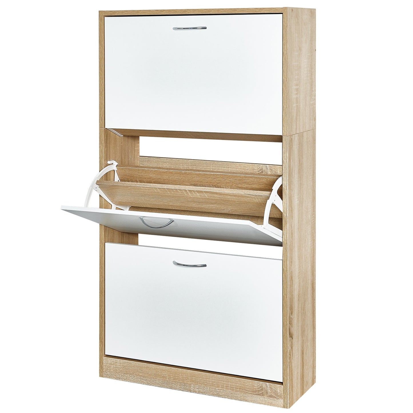 Modern Shoe Rack, Brown/Natural/White Color, 3 Drawer Flaps