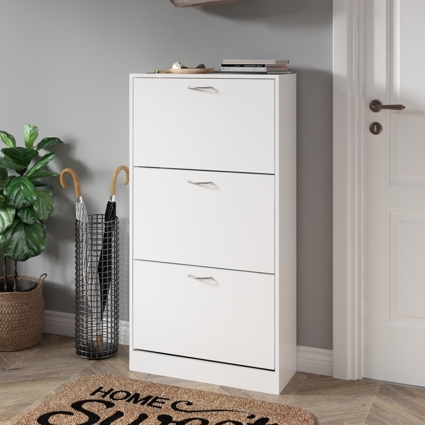 Modern Shoe Rack, Brown/Natural/White Color, 3 Drawer Flaps