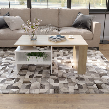 Wood Modern Coffee Table, White and Oak Color, Extendable Adjustable Direction