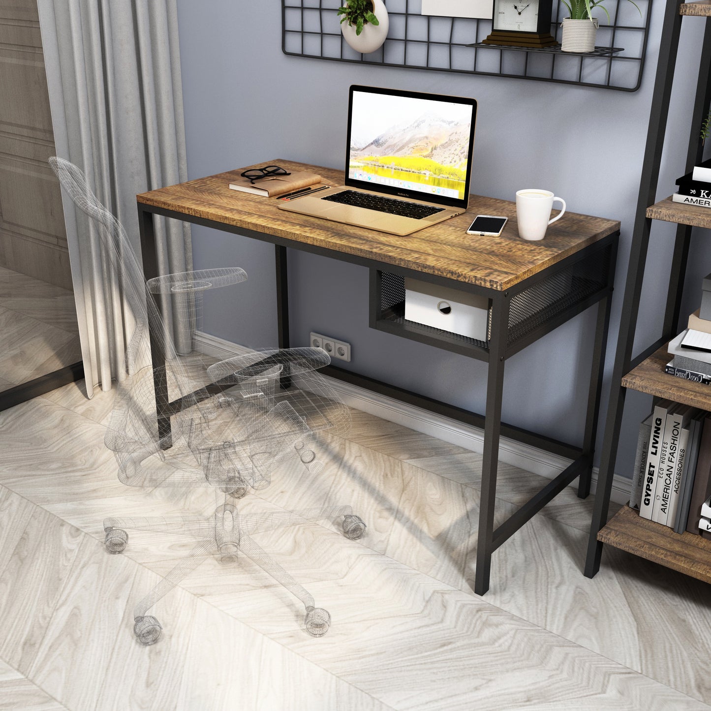 Retro Industrial Computer Table, Basic Type, with Storage Grid