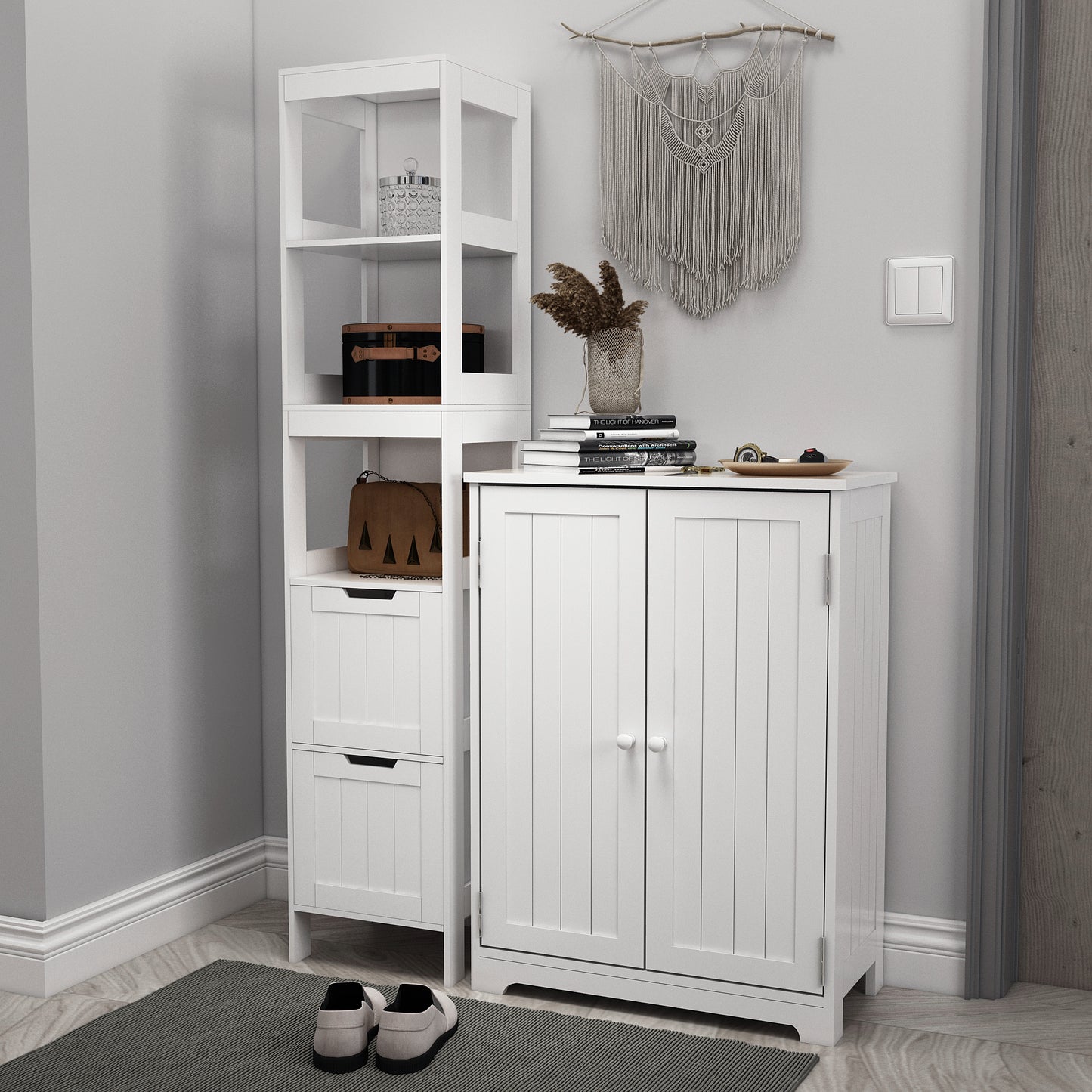 Simple Bathroom Cabinet, White Color, The Upper Open Space, 2 Drawers
