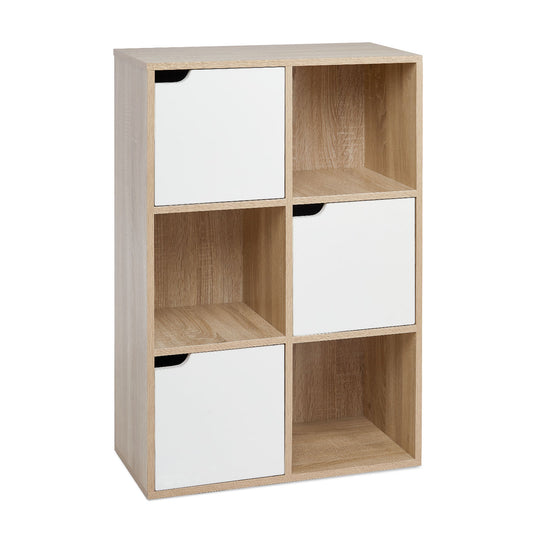 Bookcase,  White and Wood, Six Compartments with Three Doors