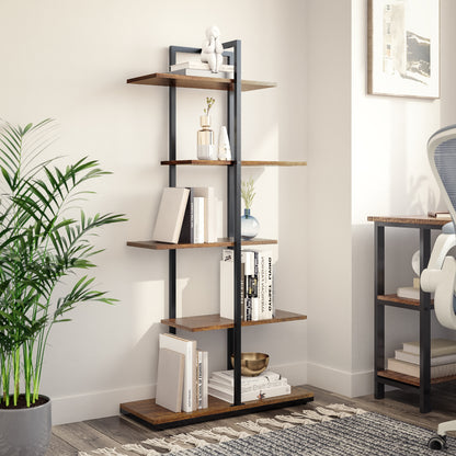 Bookcase, Brown, 5 Tier Asymmetric Split Level Storage Shelf