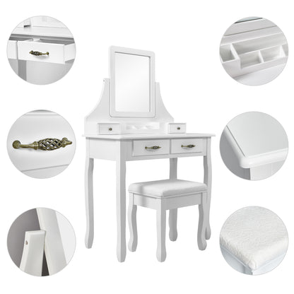 Classic Dressing Table, White Color, with a Large Mirror and Stool