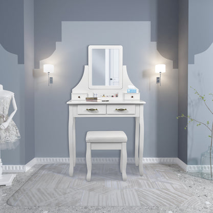 Classic Dressing Table, White Color, with a Large Mirror and Stool