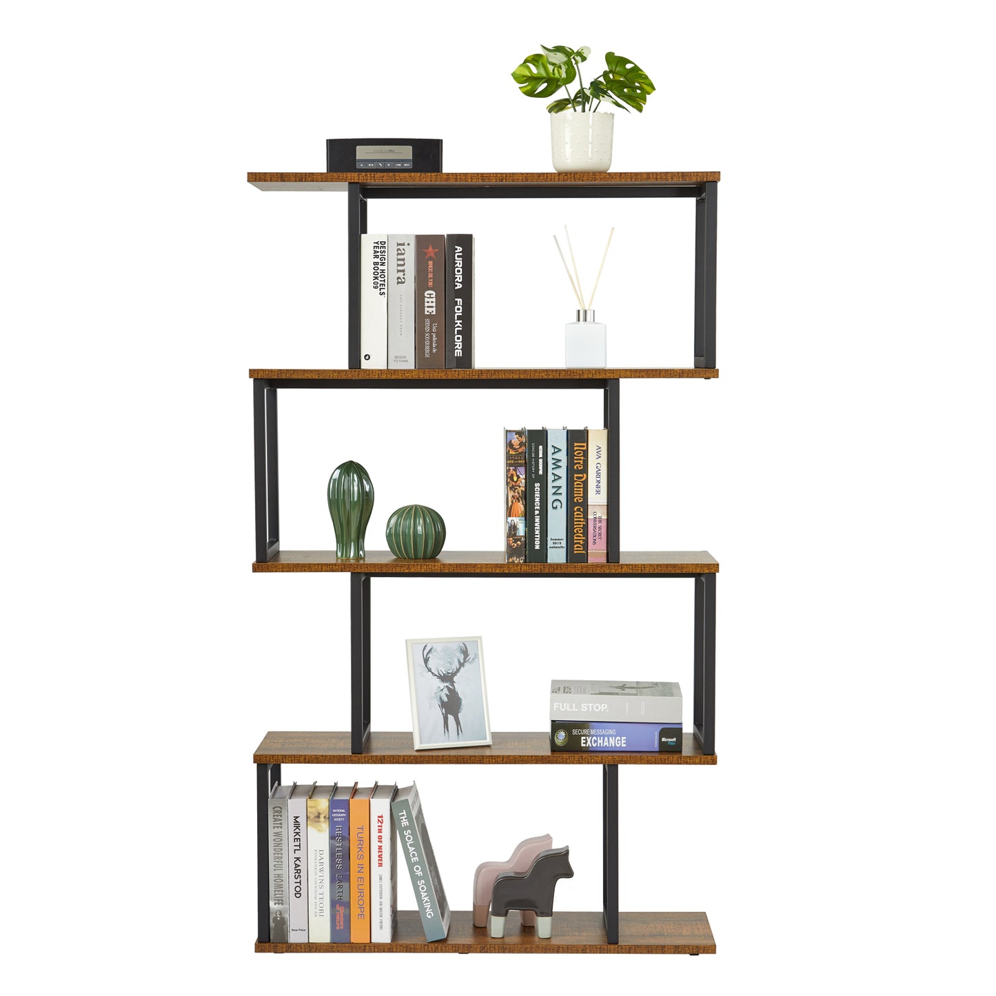 Bookcase, Standing Shelf with 4 Levels, Wooden S-Shaped Storage Shelf