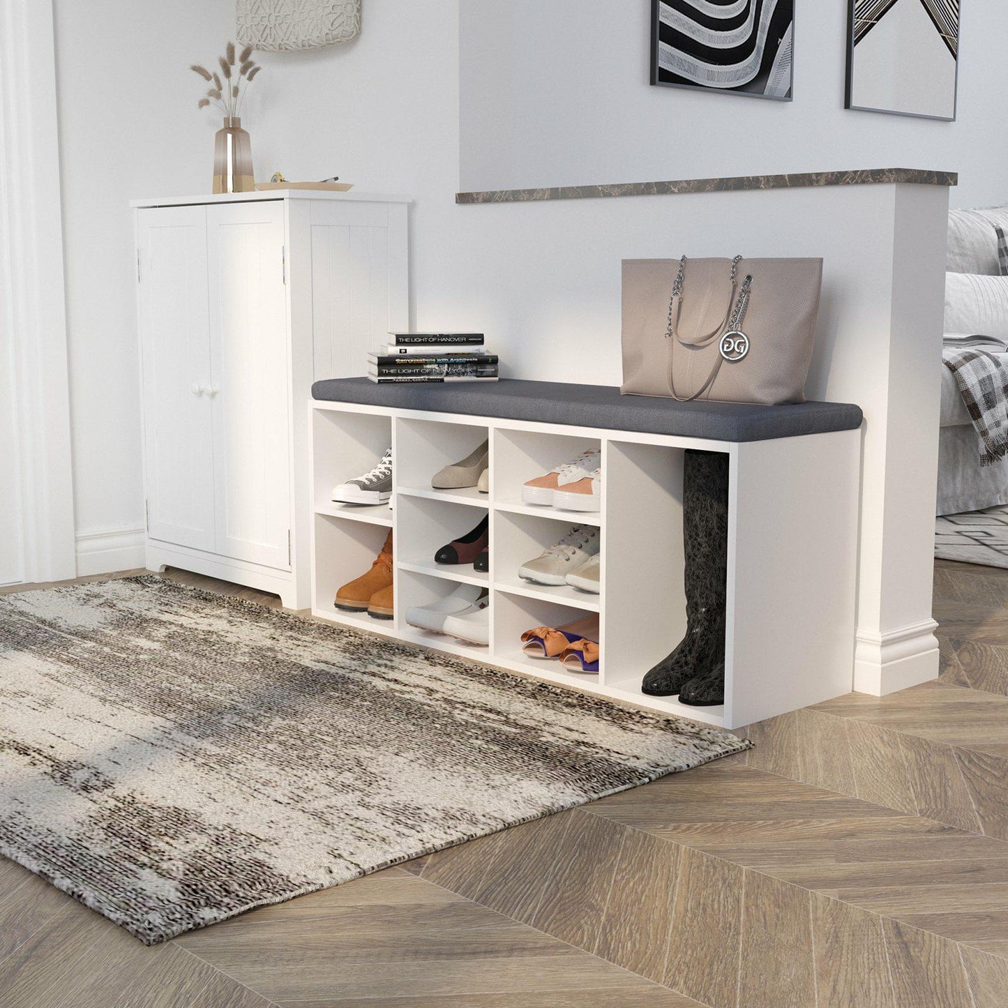 Modern Shoe Bench in Grey/ White Color, Organizer Unit