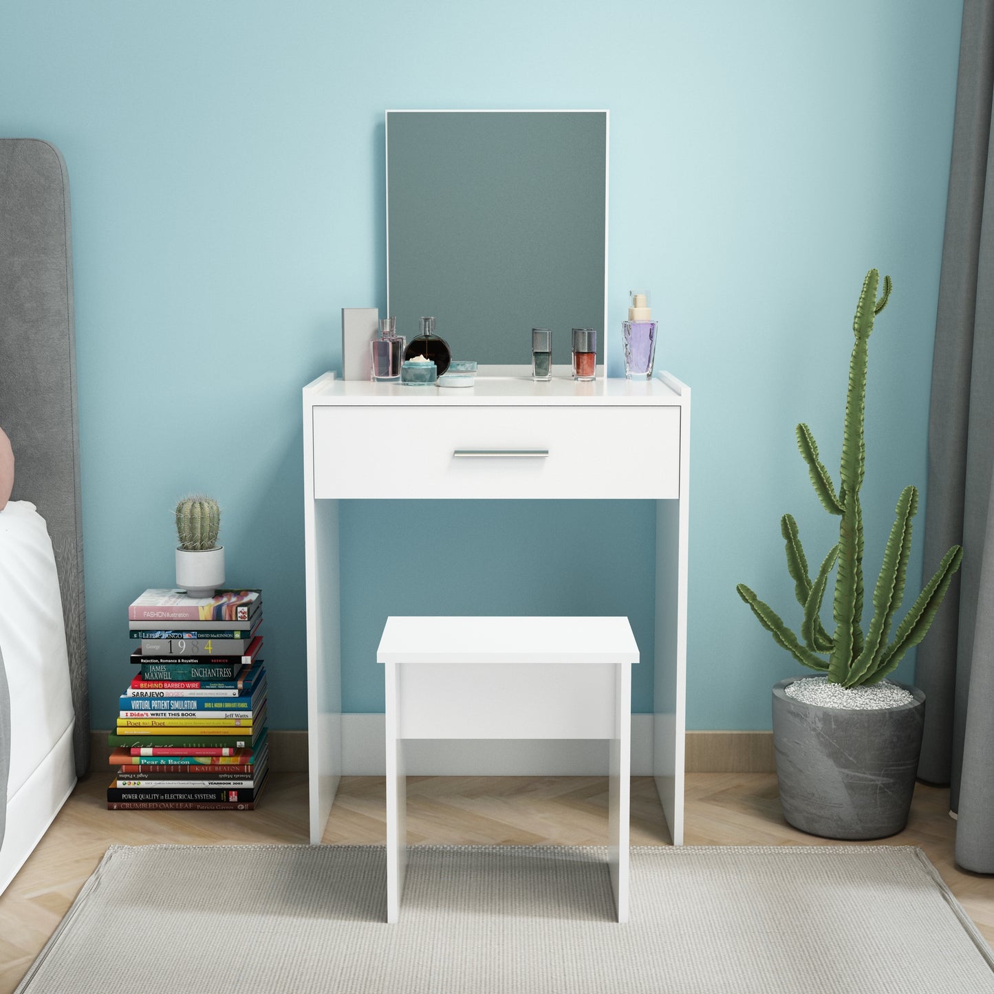 Modern Dressing Table Set, White Color, Providing Frameless Mirror and Stool