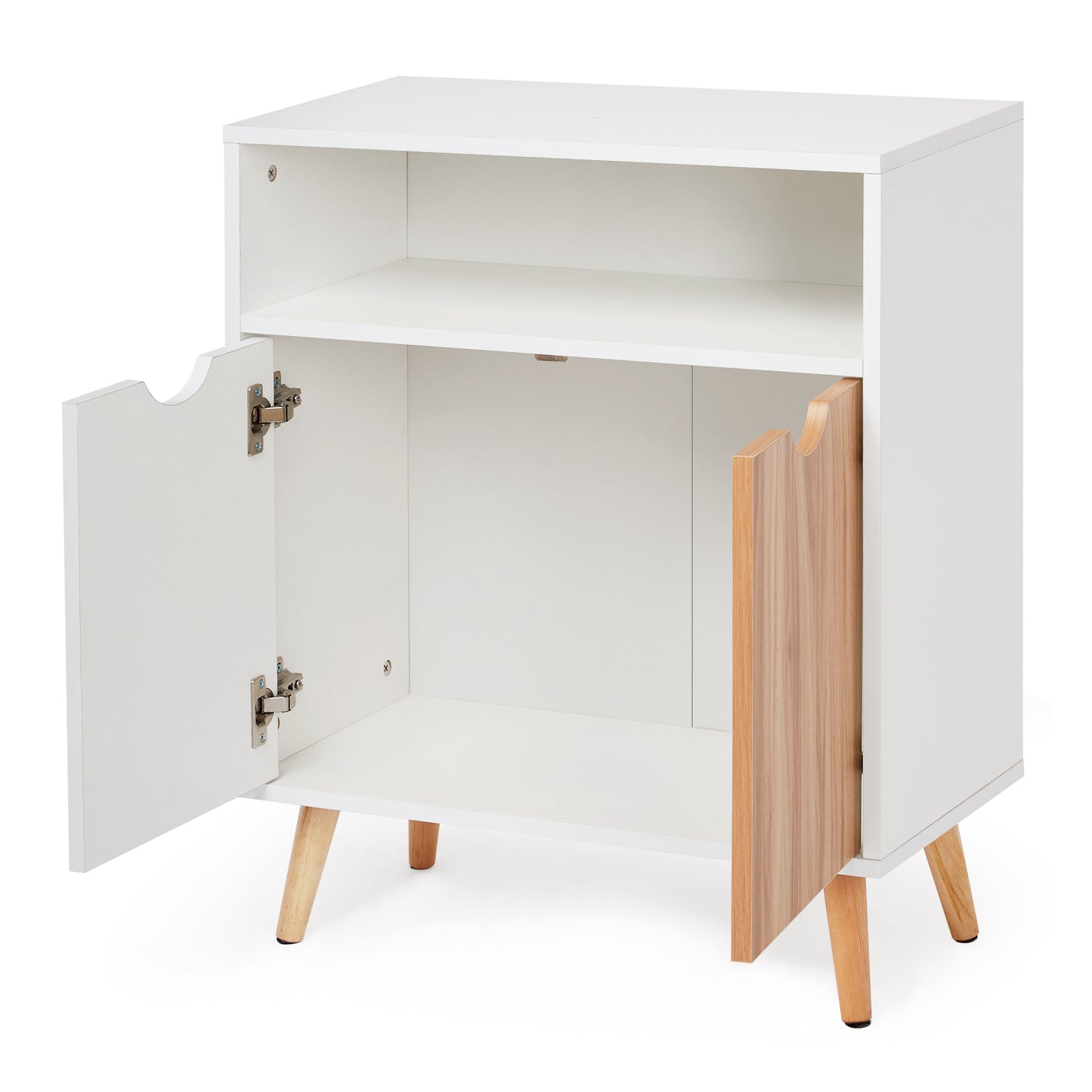 Storage Cabinet, White and Oak, with 2 Doors, Solid Wood Legs