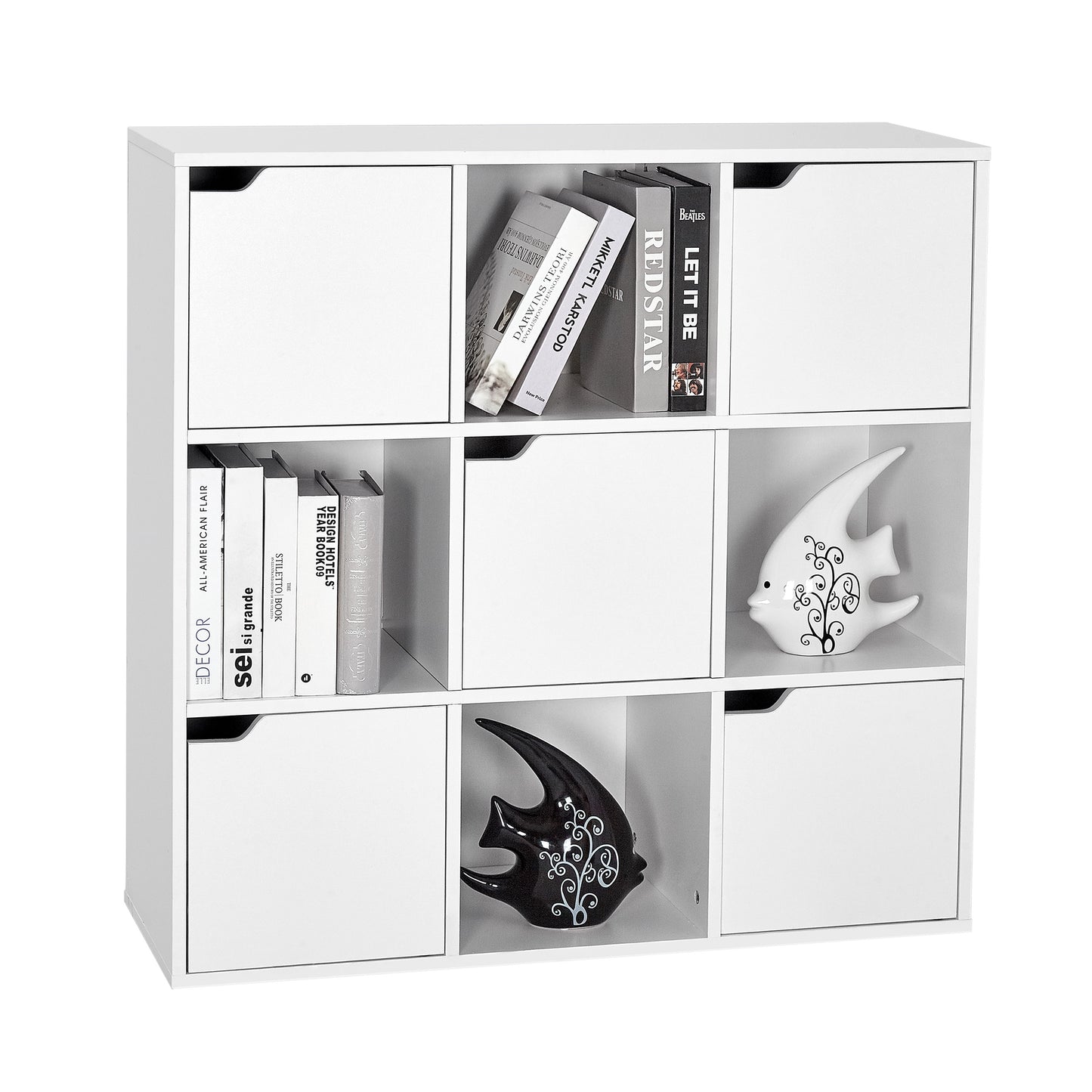 Modern Bookcase, 9 Opening Storage Cubes and Doors