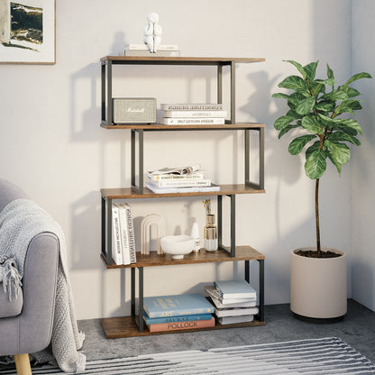 Bookcase, Standing Shelf with 4 Levels, Wooden S-Shaped Storage Shelf